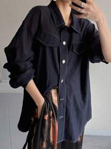 FRIFUL Women's Loose Fit Contrast Binding Line Splicing Linen Blend Baggy Shirt, Summer Long Sleeve Top - Blue - View 4