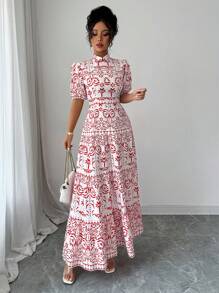 Elenzga Women's Full Print Stand Collar Short Puff Sleeve Elegant Vacation Dress - Red - View 3