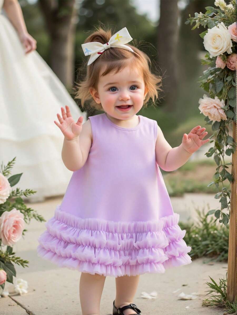 SHEIN Vestido sin mangas de verano 2025 morado para niña con volante de tul en el bajo, look lindo - Púrpura malva - Ver 1