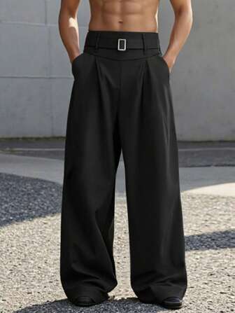 Manfinity Roghcode Pantalones anchos de cintura alta con pliegues, color negro, para otoño