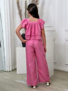 2pcs Tween GirlsCasual Floral Embroidered Ruffles Sleeve Top & Pants Set, Summer - Pink - View 2