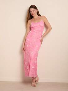 Nöista 女士花卉印花修身优雅细肩带连衣裙 - 粉色 - 查看 1
