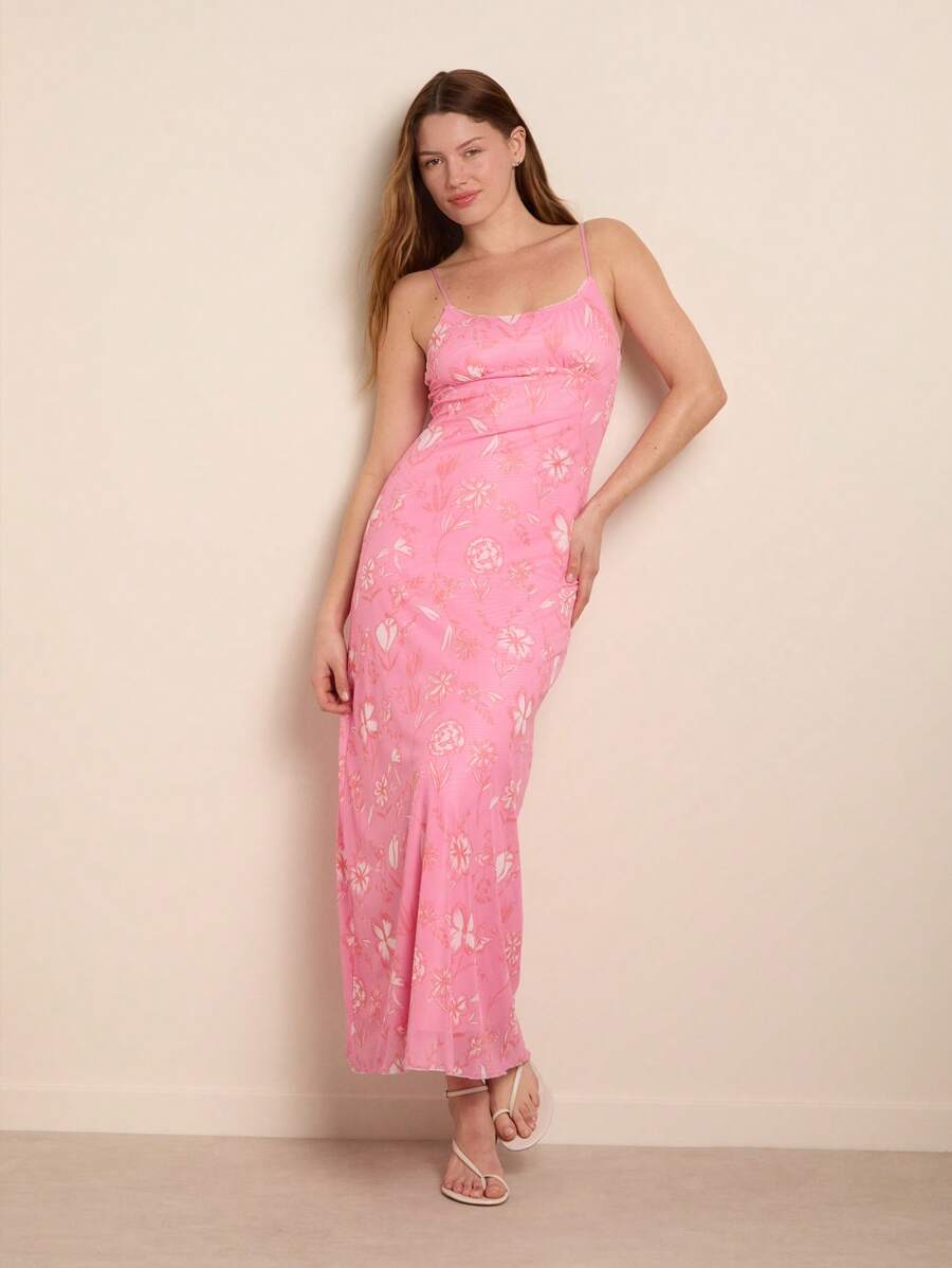 Nöista 女士花卉印花修身优雅细肩带连衣裙 - 粉色 - 查看 1