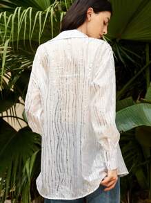 GENKIRA 宽松不对称条纹印花雪纺长袖女衬衫，透气清爽，适合夏季度假 - 白色 - 查看 2