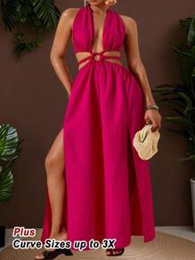 Slaydiva Vestido plus size sexy de cor sólida, sem costas, com decote halter e fenda alta. - Rosa Quente - Ver 1