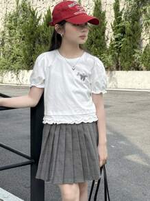 DAZY 2pcs Tween Girls Crew Neck Knitted Printed Ruffle Sleeve T-Shirt + Pleated Skirt Set, Summer - White - View 4