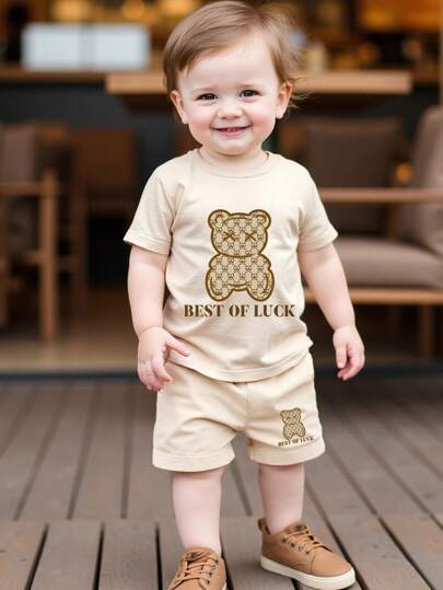SHEIN 2pcs Baby Boy Summer Set - Letter & Bear Print Short Sleeve T-Shirt And Shorts Boy Clothes For Baby Boy Clothes Baby Boy Infant Clothes Boy Infant Clothing Boy Clothes For Toddler