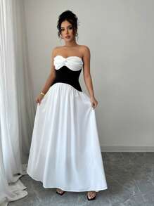 Chiquease Women's Black & White Splice Contrast Color Slim Fit Elegant Sexy Strapless Dress - Black and White - View 4