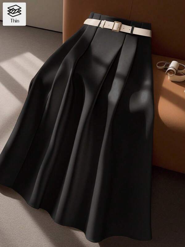 Franclia Casual & Office Commuter Leather Waist Belt Medium Length Skirt, Summer