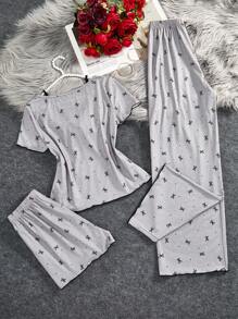 SHEIN 3 件套青少年女孩休闲蝴蝶结装饰波浪下摆圆领短袖 T 恤搭配短裤/长裤，夏季针织睡衣 - 灰色 - 查看 2
