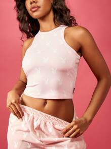 Missguided x Playboy Top corto sin mangas con estampado de conejito juguetón, parte superior deportiva de verano tipo racer back para gimnasio, entrenamiento y descanso, ajustada y casual