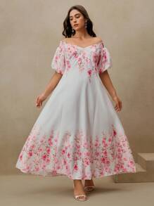 Anewsta 高品质大码女式时尚优雅花卉印花泡泡袖长裙，腰部系带休闲夏季度假装 - 粉色 - 查看 5