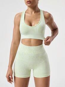SHEIN Sports Conjunto de ropa deportiva de top de tirantes y shorts de unicolor simple para mujer - verde menta - Ver 1