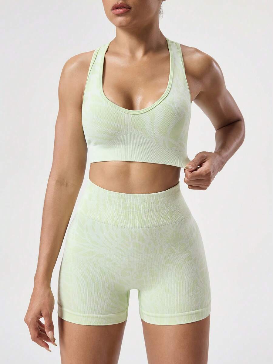 SHEIN Sports Conjunto de ropa deportiva de top de tirantes y shorts de unicolor simple para mujer - verde menta - Ver 1