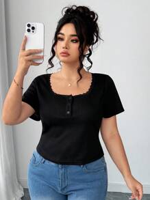 Elenzga Plusstorlek Sommar Casual Enfärgad Spetskant Kortärmad T-shirt - Svart - Visa 5