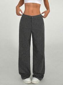 SHEIN PETITE 女式超低腰休闲棉质直筒裤