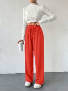 SHEIN Cottnline Wide Leg Pants For Women With Drawstring, Elastic Waistband, Relaxed Fit Design - Orange - View 5