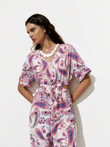 Lumivelle Open Crotch Design Printed Short Sleeve Jumpsuit For Women - Multicolor - View 6