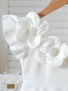 Young Girls White Beaded Floral Decor Waist Flared A-Line Dress, Fashion Suitable For Birthday Party, Summer Summer Holiday
