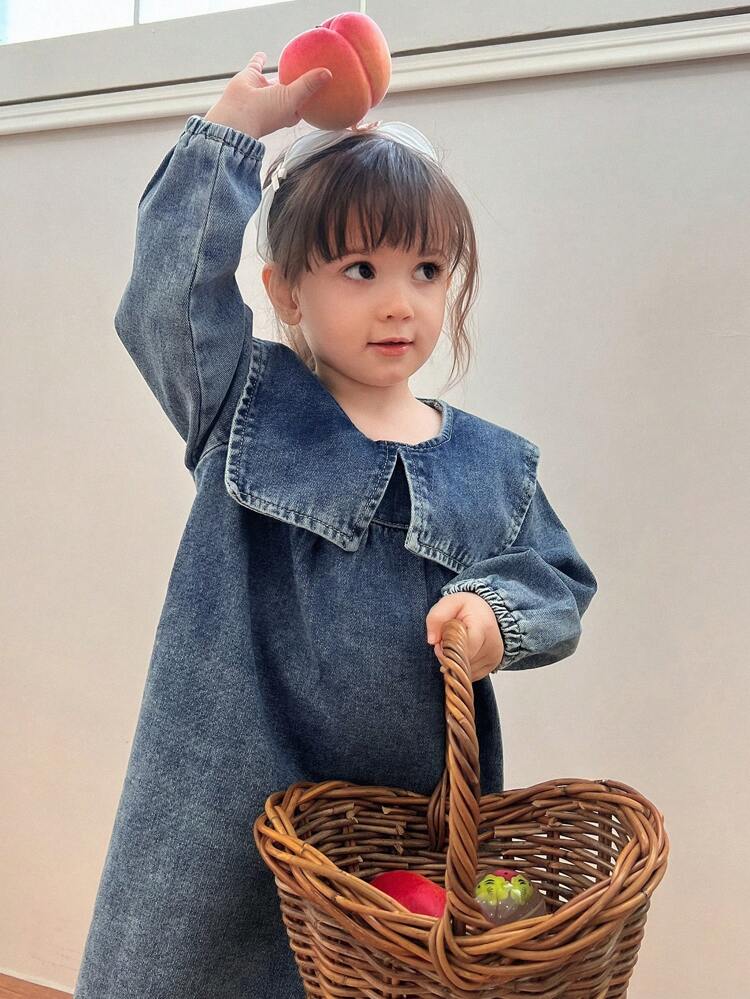 Toddler Girls Cute Fresh Ruffled Collar Washed Long Sleeve Mid-Length Denim Dress
