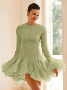 BELROSIE French Luxe High-End Elegant Lady Design With Flounced Hem & Bell Sleeves, Textured Fabric Women Short Dress Fall Cloth For Women - Green - View 7