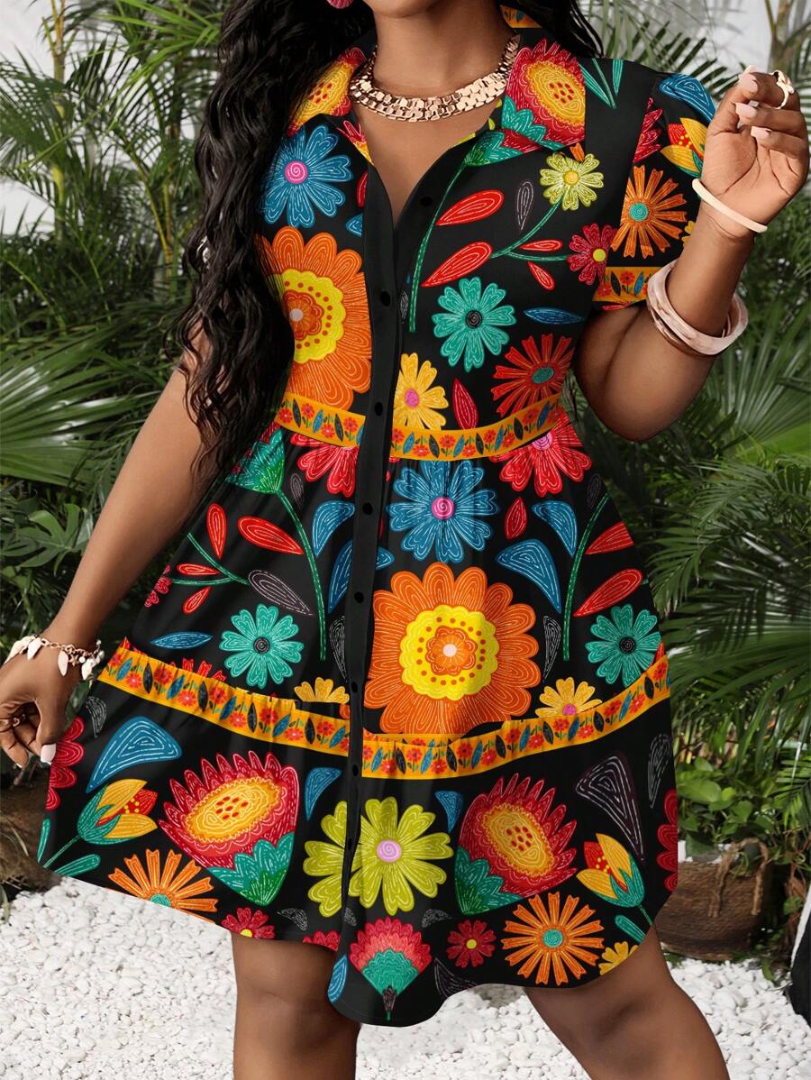 Slaydiva Váy xòe tay bồng họa tiết hoa tối giản giản dị, phù hợp cho kỳ nghỉ, phong cách Boho, mùa hè - Màu xanh nhạt - Xem 1