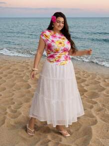 SHEIN MOD Plus Size Women's Ruched Asymmetrical Shoulder Floral Print T-Shirt, Vacation/Summer - Multicolor - View 5