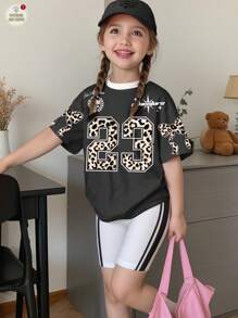 SHEIN Leap Crew 年轻女孩休闲简约短袖上衣和短裤两件套，适合夏季 - 彩色 - 查看 1