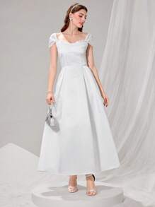 Poshira Women's Sequin Heart Neck Luxurious Satin Ball Gown Party Dress Luxurious Women's Evening Dresses Soft Dress White Prom Dress - White - View 7
