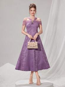 Poshira Women's Elegant Mesh Patchwork Jacquard Cold Shoulder Halter Formal Party Dress, Prom Dress