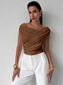Firerie Women's Elegant Minimalist Chic Fashion Sexy Daily Commute Music Festival Holiday One Shoulder Asymmetrical Draped White Cropped Top, Spring/Summer - Coffee Brown - View 1