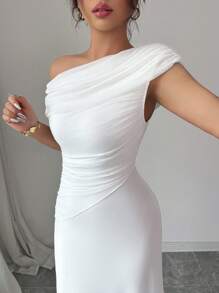 NOVVYNE 女式网眼不对称褶饰下摆优雅法式连衣裙 - 白色 - 查看 5