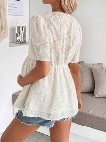 SHEIN 孕妇蝴蝶结装饰提花短袖荷叶边下摆衬衫