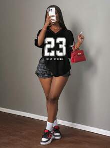 Slaydiva Casual Minimalist Letter & Number Graphic 23 Black T-Shirt Suitable For Summer, Sporty Apparel - Black - View 7