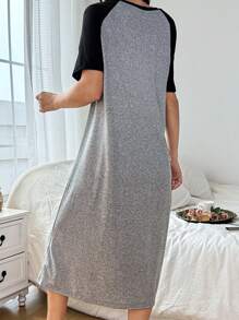 SHEIN Contrast Color Raglan Short Sleeve Women's Knit Crew Neck T-Shirt Nightgown - Black - View 5