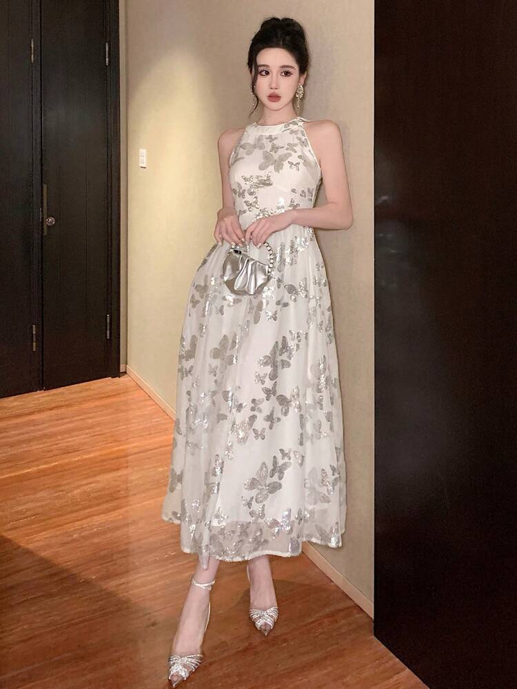 Sequin Print Splice Halter Mid-Length Dress For Women Cocktail Dress