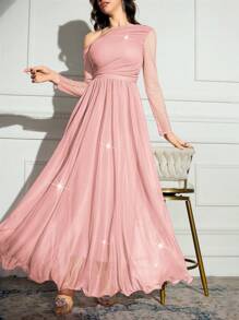 Modelyn 女士纯色不对称领口长袖优雅加长连衣裙