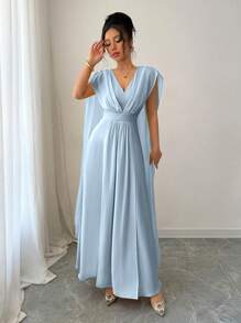 Elenzga Gaun Panjang Wanita Warna Polos dengan Kerah Sambungan, Leher V, dan Potongan Pinggang Rapi - Baby Blue - View 5