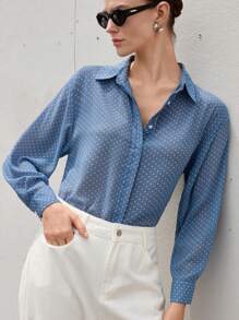 Aveloria Modichic Áo cánh tay dài cổ voan chấm bi đen trắng đơn giản, đa năng, phù hợp với mọi phong cách dành cho nữ, thích hợp cho mùa xuân và mùa hè, ngày lễ tình nhân - Màu xanh lam - Xem 4