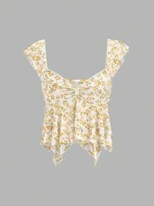 Sweetina Áo ba lỗ lưới họa tiết hoa babydoll dễ thương màu vàng đi chơi mùa hè cho phụ nữ đi nghỉ ở bãi biển, thời trang cho mùa hè - Màu vàng - Xem 6
