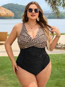 SHEIN CURVE+ 大码女式连体休闲优雅深V领聚拢修身数码印花沙滩泳衣 - 彩色 - 查看 3