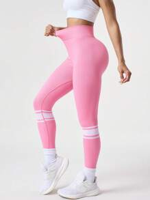 SHEIN Sports Women's High Waist Striped Casual Fitness Sports Leggings - Hot Pink - View 2
