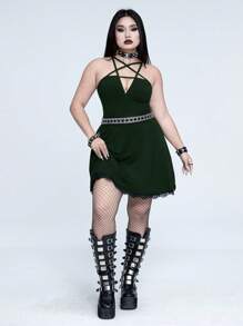 Whyspr 大码春夏深色性感修身休闲百搭大胆前卫领星十字系高腰修身蕾丝拼布下摆日常连衣裙，万圣节 - 墨綠色 - 查看 6