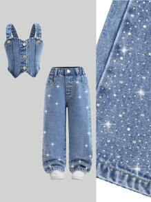 少女牛仔两件套服装 - 中等水洗藍 - 查看 3