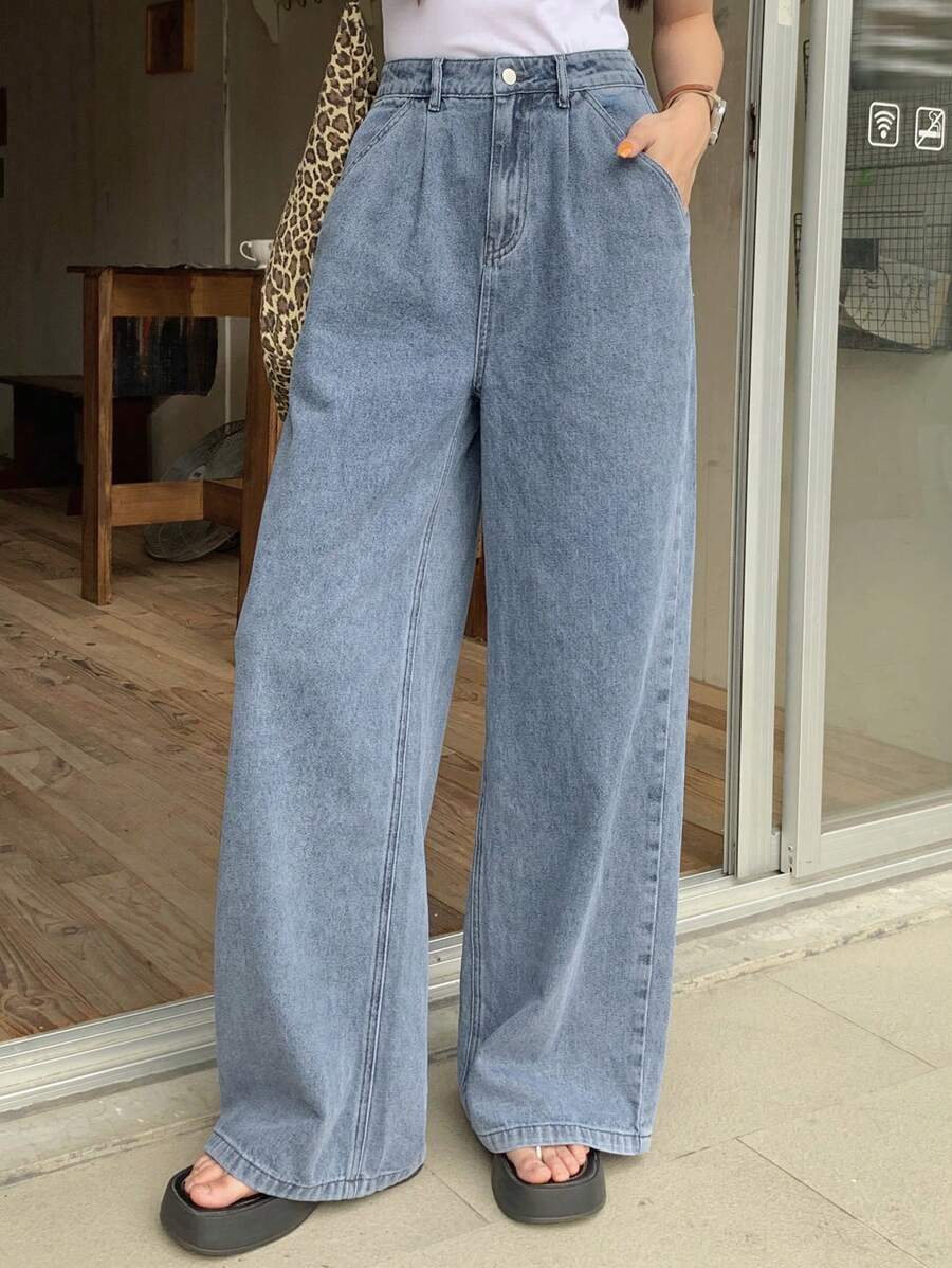 DAZY 女式宽松休闲百褶直筒牛仔裤，返校服