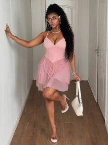 Maweii Sexy Elegant Mesh Patchwork Criss-Cross Spaghetti Strap V-Neck Plus Size Pink Romper - Pink - View 4