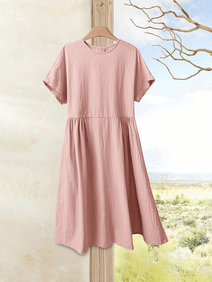 Rusticease Vestido midi casual de mujer de verano con cuello redondo y manga corta en unicolor