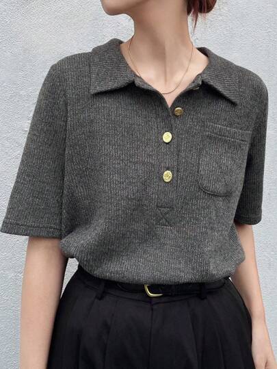 FRIFUL Women's Fitted Polo Collar Metal Button Decor Short Sleeve T-Shirt, Summer Ribbed Shirt Collared Shirt Knit Top Summer Top Preppy Top