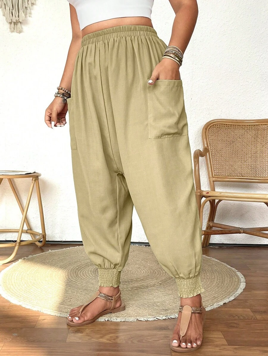 Calvaya Pantalones casuales sueltos de talla grande para mujer, de unicolor, con cintura elástica, bolsillos y cordón, hasta el tobillo - Caqui - Ver 1