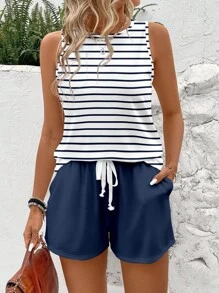 SHEIN LUNE 2pcs Women Casual Striped Pattern Sleeveless Round Neck Tank Top And Shorts Set, Suitable For Summer